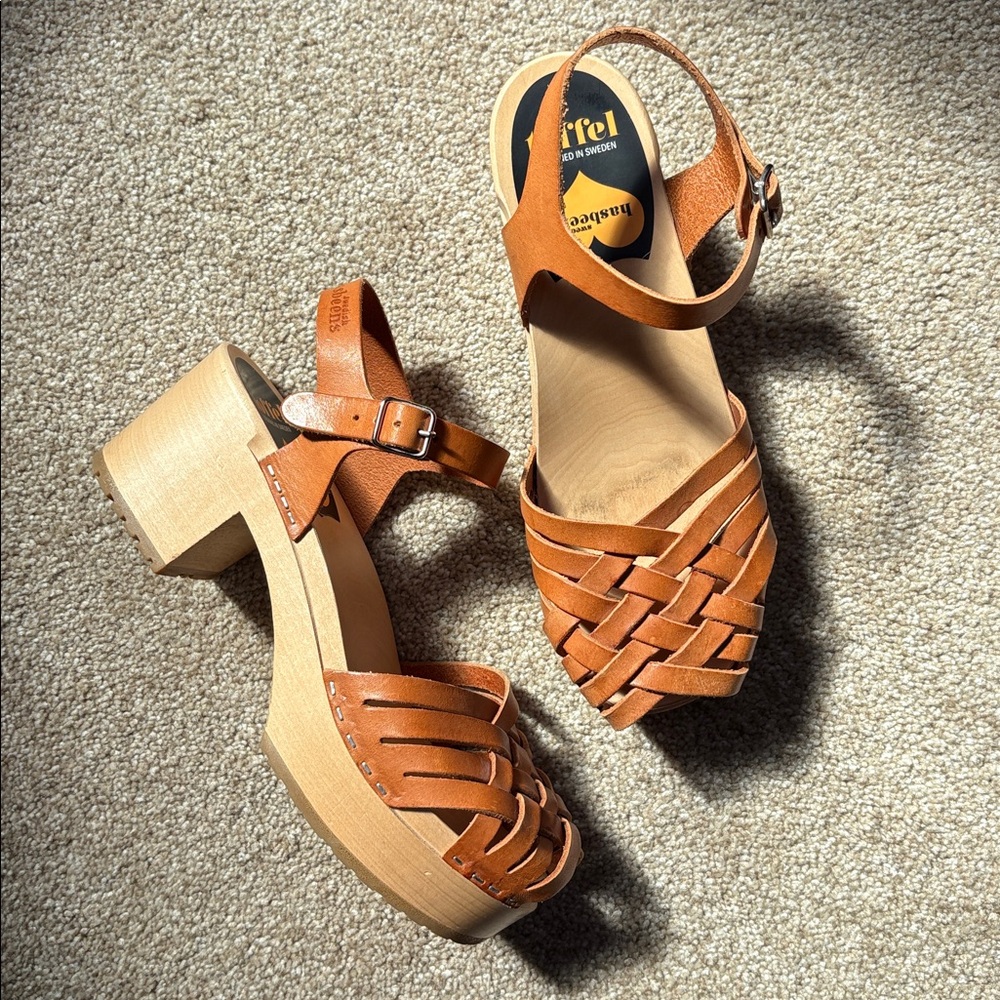 Swedish Hasbeens Tan Leather Woven Platform Clogs